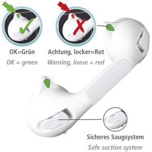 Wenko Maniglione da parete Secura, bianco, 29 cm, con ventosa e indicatore per una presa sicura in bagno.
