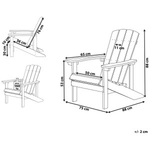 Schizzo: Sedia da giardino Adirondack rossa Beliani con dimensioni.