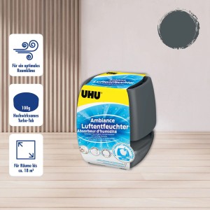 Déshumidificateur UHU Ambiance anthracite avec Turbo Tab. Design compact pour climat optimal jusqu'à 18 m².