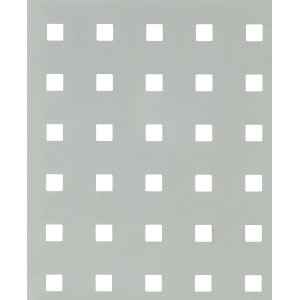 Quadratisches, silbernes Lochblech aus Aluminium mit regelmäßigen quadratischen Aussparungen.