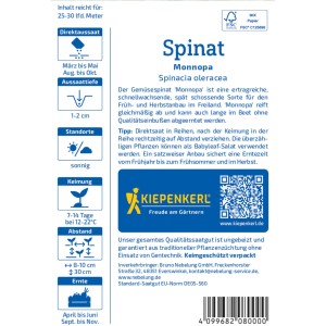 Sachet de graines d'épinards Monnopa Kiepenkerl : Graines d'épinards résistantes à la montaison pour la culture au jardin.