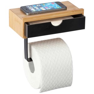 Porta carta igienica Wenko Bambusa con ripiano e cassetto in bambù naturale, con carta igienica e smartphone.