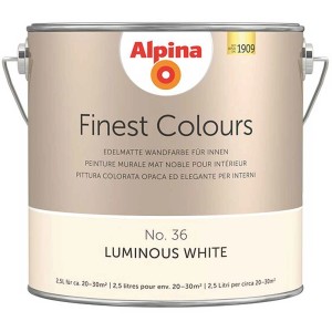 Alpina Finest Colours pittura murale Luminous White, latta da 2,5 l. Colore opaco chiaro per interni.