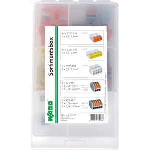 Boîte d'assortiment avec 45 borniers assortis de différents modèles et tailles.