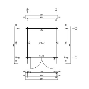 Planimetria Alpholz casetta da giardino Palma con dimensioni. Casetta in legno con doppia porta.