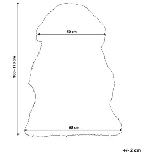 Dunkelgrauer Schaffell-Teppich Uluru Langhaar, ca. 100-110 cm, Umriss mit Maßangaben.