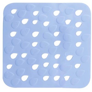Tappetino doccia blu Spirella Drops, 54x54 cm, con ritagli a forma di goccia.