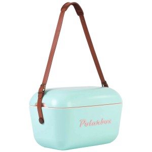 Cyanfarbene Polarbox Kühlbox Retro Cooler (12 l) mit braunem Trageriemen.