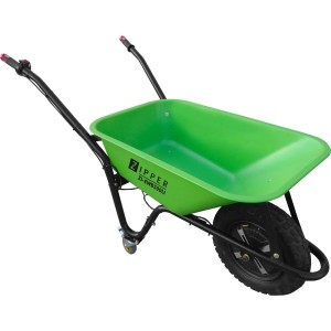 Zipper ZI-EWB500LI Elektro-Schubkarre: Grüne Mulde, schwarzes Gestell, Radantrieb. Ideal für Garten & Bau.