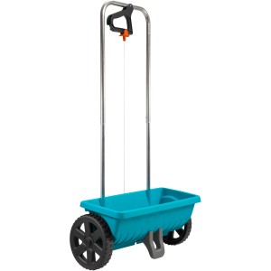 Spargitore Gardena L, blu, con ruote e manico regolabile per fertilizzanti, sementi e sale antigelo.