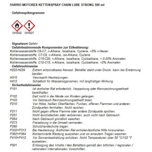 Étiquette du Motorex Chain Lube Strong 500ml avec avertissements de danger.