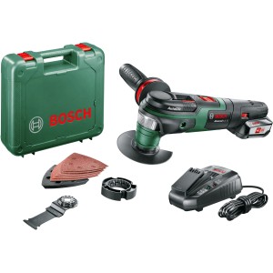 Ensemble d'outils multifonctions sans fil Bosch AdvancedMulti 18V avec batterie, chargeur et accessoires dans une mallette.