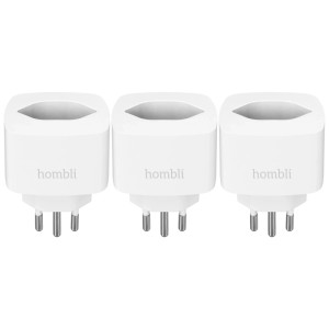 Trois prises Hombli Smart Swiss blanches dans un pack promo 2+1 pour la domotique.