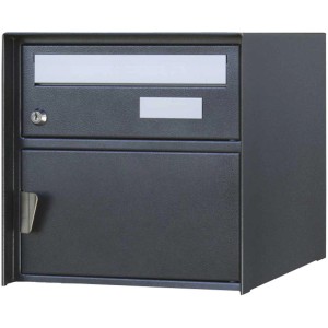 Boîte aux lettres Verzasca noire rustique en tôle d'acier avec serrure et porte-nom.