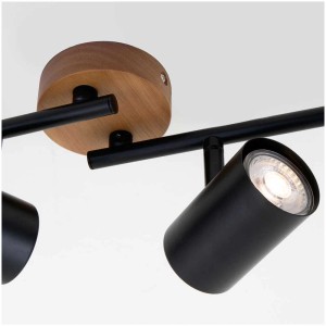 Spot noir Briloner Muritz avec 4 douilles GU10 et détails en bois. Plafonnier orientable et inclinable.