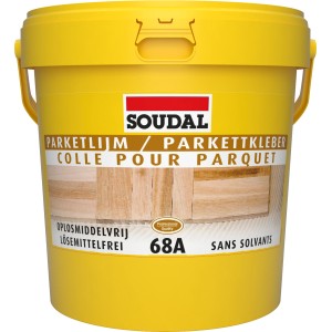 Gelber Eimer Soudal Parkettkleber 68A, 5 kg. Lösemittelfreier Kleber für Parkett.