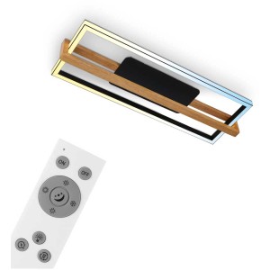 Plafonnier LED noir avec détail en bois, dimmable avec télécommande.