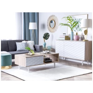 Table basse Beliani Swansea, bois marron clair avec tiroir et compartiment ouvert. Table de salon moderne.