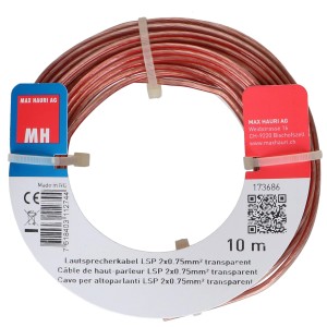 Câble de haut-parleur transparent LSP 2x0,75 mm² enroulé, longueur 10 m.