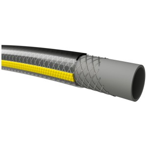Tubo da giardino Kärcher Performance Plus 5/8, 25 m, con tessuto multistrato e striscia gialla.