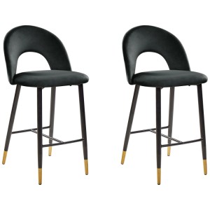 Lot de 2 tabourets de bar Falton en velours noir avec accents dorés.