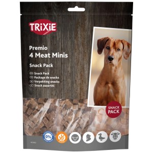 Trixie Premio 4 Meat Minis snack per cani, confezione da 4x100g con ritratto di cane e piccoli cubetti di carne.