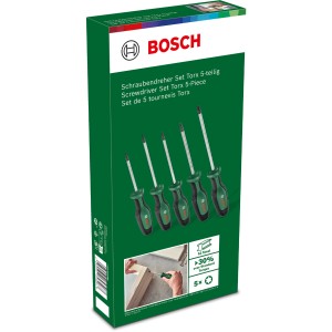 Jeu de tournevis Torx Bosch, 5 pièces dans une boîte verte.