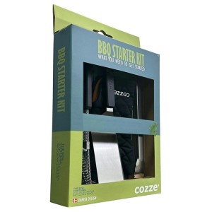 Cozze BBQ Starter Kit con pinze, spatola, spazzola e guanto in scatola.