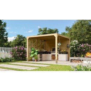 Pavillon carré Karibu Fyrkant en bois naturel dans le jardin avec espace barbecue.
