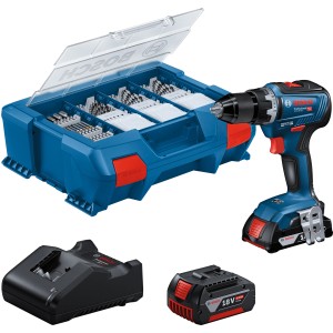 Set avvitatore a batteria Bosch Professional GSR 18V-55 con batterie, caricabatterie, L-Case e set accessori da 100 pezzi.