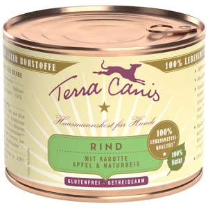 Terra Canis alimento umido per cani Classic Manzo, lattina da 200g. Alimento umido con manzo, carota, mela e riso integrale.