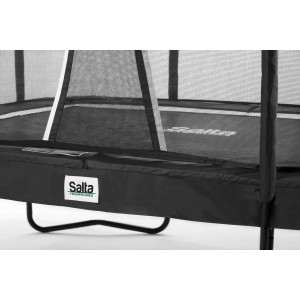 Vista dettagliata: Trampolino da giardino Salta Premium nero con rete di sicurezza e protezione bordo.