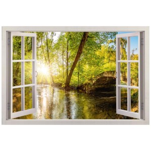 Maxiposter Forest Window (61x91,5 cm): Waldlandschaft mit Fluss, gesehen durch ein offenes Fenster.