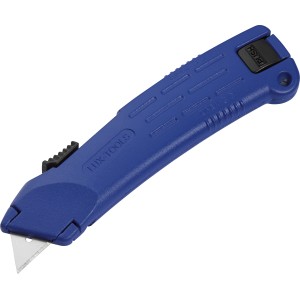 Coltello di sicurezza LUX blu con lama e pulsante scorrevole per la regolazione della lama.