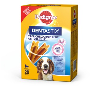 Pedigree DentaStix Medium, 28 pezzi, per l'igiene dentale del cane. Confezione gialla con snack e cane.