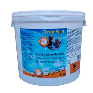 Seau de granulés de chlore à dissolution rapide pour la désinfection de piscine.