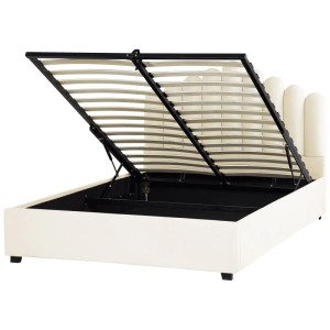 Beliani Bett Vincennes, 160x200 cm, Weiss, mit geöffnetem Stauraum unter Lattenrost.