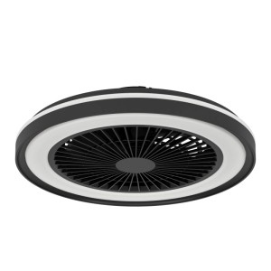 Ventilatore da soffitto LED nero rotondo con anello luminoso integrato e pale nascoste.
