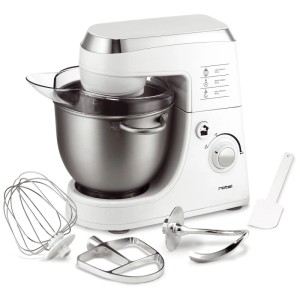 Robot da cucina Rotel, 350 W, bianco con ciotola in acciaio cromato e accessori come gancio per impastare e frusta.