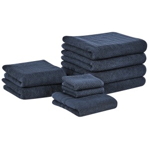 Set de serviettes Beliani Mitiaro bleu, 9 pièces, en coton éponge avec motif zigzag.