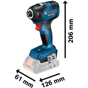 Avvitatore a impulsi a batteria Bosch Professional GDR 18V-200, blu, con dimensioni.