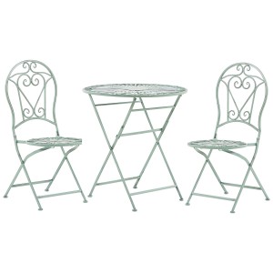 Set bistro Trento in metallo verde chiaro, composto da tavolo e due sedie per balcone o patio.