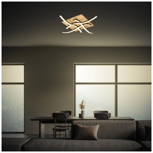 Plafonnier LED moderne en décor bois avec forme ondulée, 4 x 14 W, pour espaces de vie.