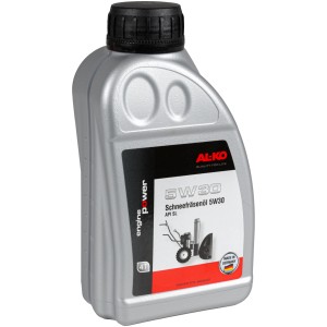 Huile pour fraise à neige Al-Ko 5W30 pour moteurs 4 temps en hiver, bouteille d'huile argentée.