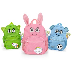 Zaini per bambini Marky in verde, rosa e blu con facce e orecchie di animali.