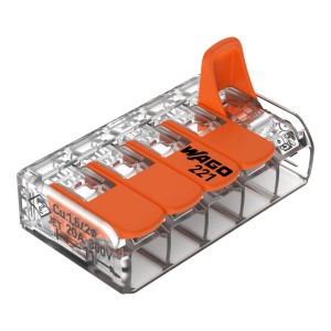 Wago borne à levier, lot de 25, boîtier transparent avec leviers orange pour une connexion facile des câbles.