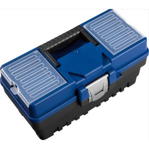 Boîte à outils LUX KWK-14 bleu et noire avec organiseur transparent.