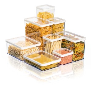 Contenitori alimentari rettangolari Rotho Premium Loft, bianchi, 3.2 l, riempiti con vari alimenti.