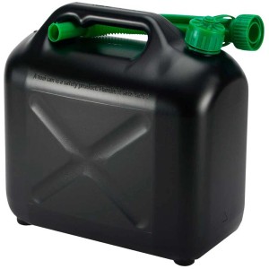 Tanica per benzina in plastica nera da 10 l con beccuccio verde per assistenza stradale.