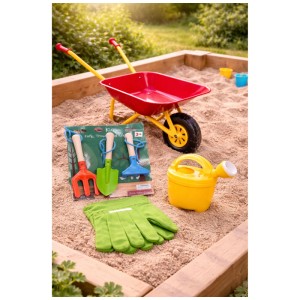 Set carriola per bambini da 7 pezzi con carriola, annaffiatoio, pala, rastrello, forca e guanti.